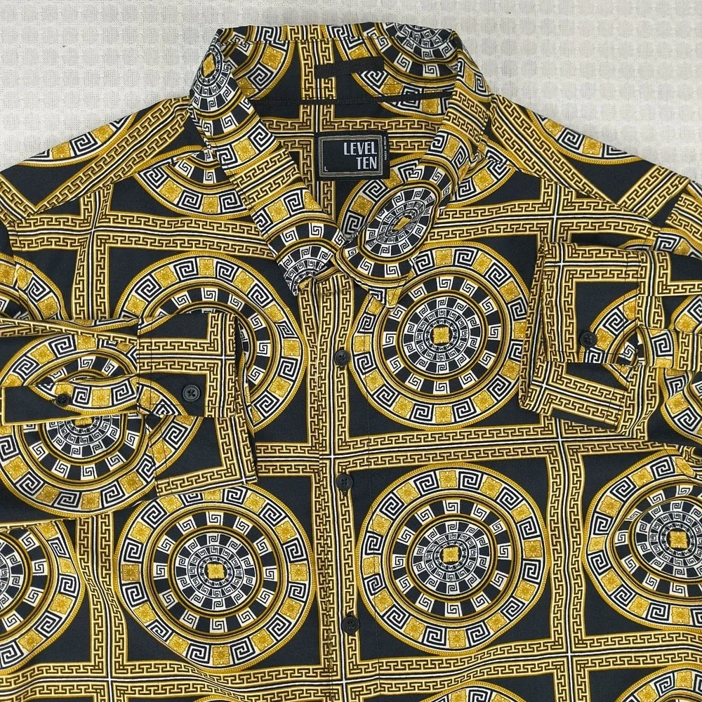 Level Ten Mens Large Black Gold Greek Key Medusa Baroque Print Button Down Shirt